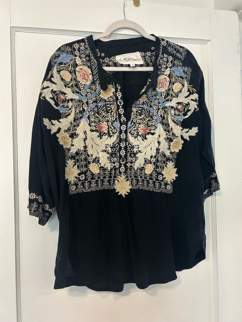 Johnny Was 100% Silk Embroidered Blouse